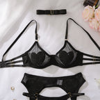 Ellolace Tempted Women's Lingerie Sets Daring Heart Rhinestone Bra Belt Thong 3PC with Choker Leg Circles Intimate Miss Outfits