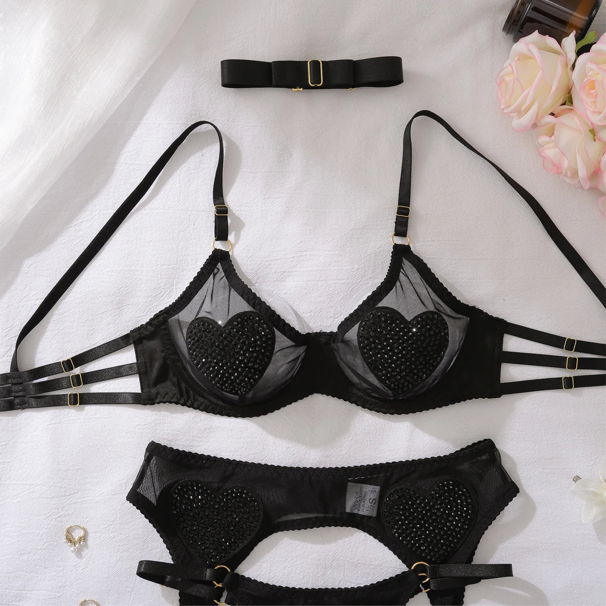Ellolace Tempted Women's Lingerie Sets Daring Heart Rhinestone Bra Belt Thong 3PC with Choker Leg Circles Intimate Miss Outfits