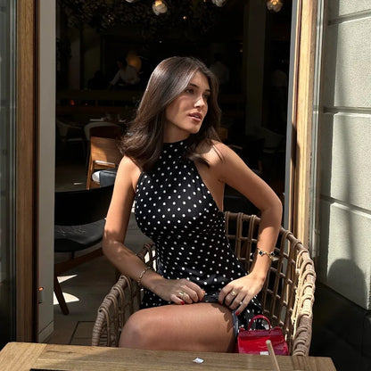 Polka Dot Elegant Off Shoulder Sleeveless Backless High Waist Halter Mini Dress Y2K Summer Fashion Club Party Vestidos