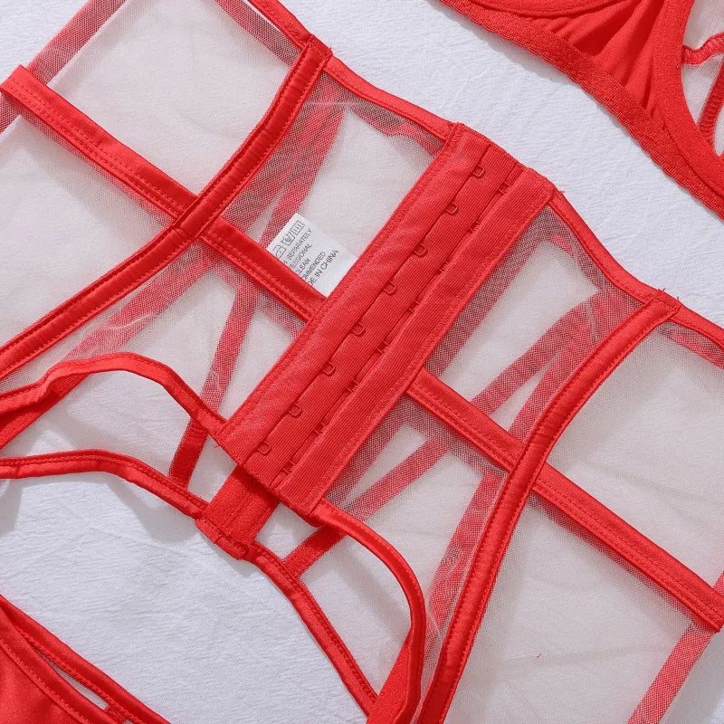 Tornova Sexy Lingerie Suit for Women Solid Color Mesh Patchwork See-through Women's Underwear Suit Sexy Gloves Garters Underwear