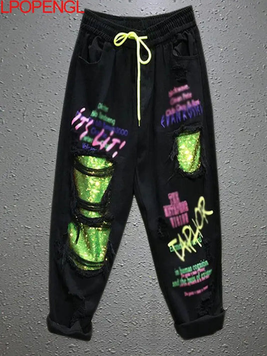 Women's Spring And Summer Personality Color Sequins Ripped Jeans New Drawstring Loose Straight Streetwear Denim Harem Pants