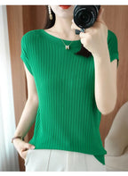Spring Summer T-shirt Women Short Sleeves Slim Striped Innerwear Slash Neck Fashion Korean Loose Knitted T-shirt Sweater 2026