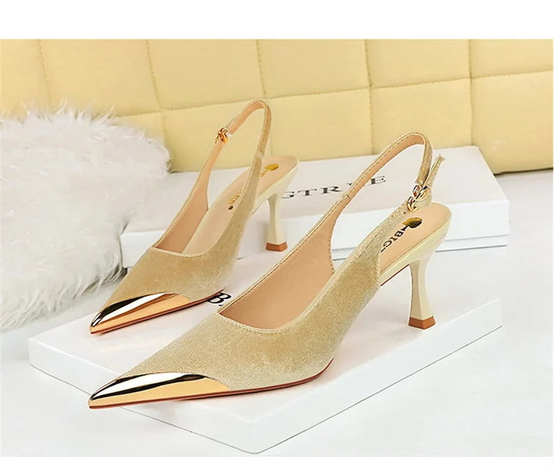 Elegant Women Green High Heel Velvet Pumps Wedding Party Slingback Sandals Metal Pointed Toe Hollow Buckle Wine Red Shoes