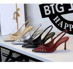 Korean Style Pointed Toe High Heels Shallow Mouth Hollow Bow Back Trip Strap Women's Shoes Thin Heels Back Empty Shoes Women