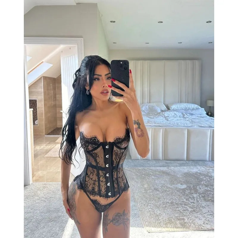 Sexy Lingerie for Women Sensual Lace Corset 2PC Set Sheer Strapless Slimming Tops + Thongs Clubwear Sexy Body Shaping Underwear