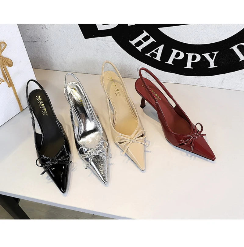 Korean Style Pointed Toe High Heels Shallow Mouth Hollow Bow Back Trip Strap Women's Shoes Thin Heels Back Empty Shoes Women