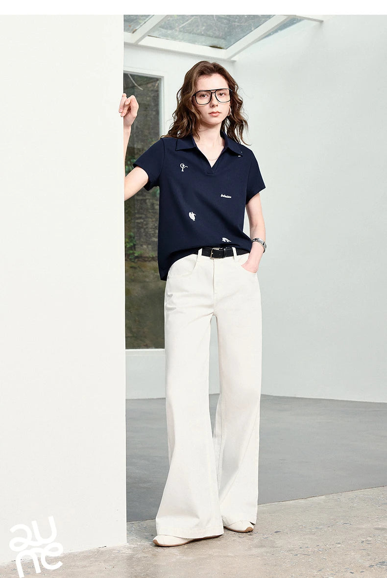 TOYOUTH Women Polo T-Shirt 2026 Summer Joint Name with Gongchangzhang Embroidered V-Neck Age-Reducing Trendy Tops