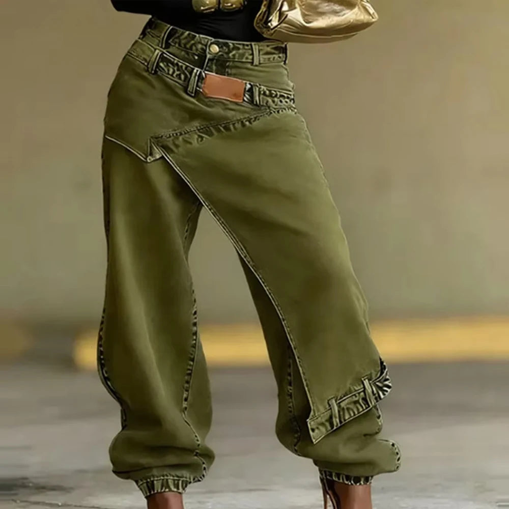 Women's Vintage Asymmetric Overlay Patch Jeans High Waist Washed Denim Jogger Pants Loose Wide Leg Streetwear Casual Trousers