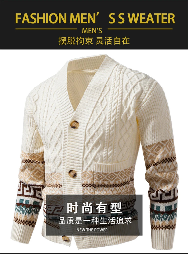 Men's Cable Knit Fair Isle Geometric Striped Cardigan V Neck Button Front Pocket Long Sleeve Sweater Autumn Winter Casual