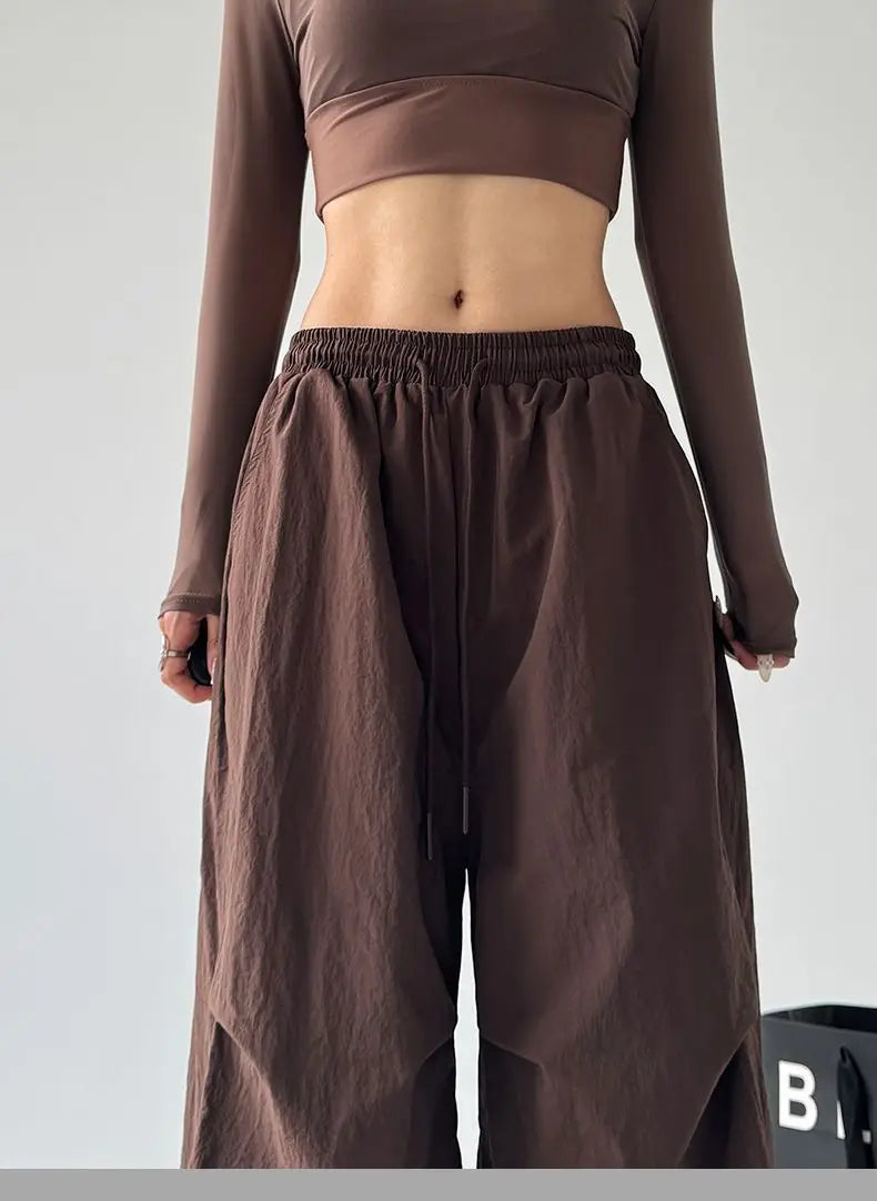 Y2k Hiking Straight Wide Pants Men Streetwear Cargo Paratrooper Pants Casual Brown Quick Dry Pocket Summer Travel Sport Trousers