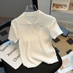 Summer Women's Polo-neck Short-sleeved Shirt Ice Silk Twist Stripe Knitting T-Shirt Thread Loose Minimalist Lapel Pullover Tees