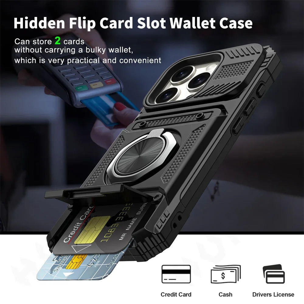 Military Quality Case for iPhone 11 13 14 15 16 Pro Max Magnetic Rotated Ring Kickstand Heavy Duty Drop Protection Wallet Cover