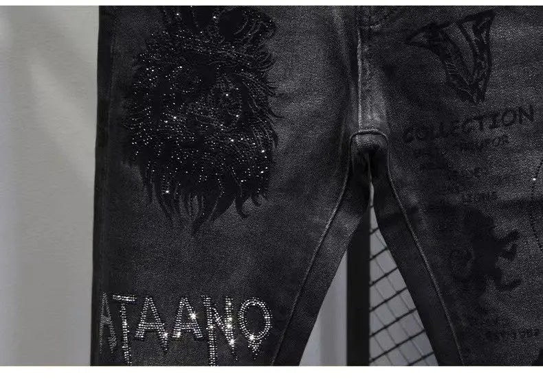 Hot-Stamped Rhinestone Men's Jeans, Trendy Brand, Stretchy Slim Fit, Embroidered and Printed Men's Trousers