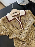 Vintage 2000s Shiny Knit Short Sleeve Tee Women Polo Neck Summer Tops Brown Hollow out Knitwear Lady Clothes Casual T-shirt
