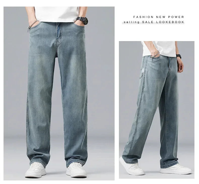 2026 New Summer Ultra-thin Lyocell Men's Jeans Drape Soft Fabric Loose Straight Casual Denim Pant Elastic Ice Silk Male Trousers