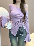 Sweet Sexy Drawstring Ribbon White Off Shoulder Top Women Basic Long Sleeve Body T-Shirt Elegant Flare Sleeve Lady Tees Pulovers