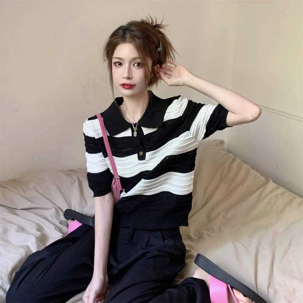 POLO Hollow Out Breathable Short Sleeve T Shirt Knit Striped Crop Top Aesthetic Clothing Summer Blouses For Women