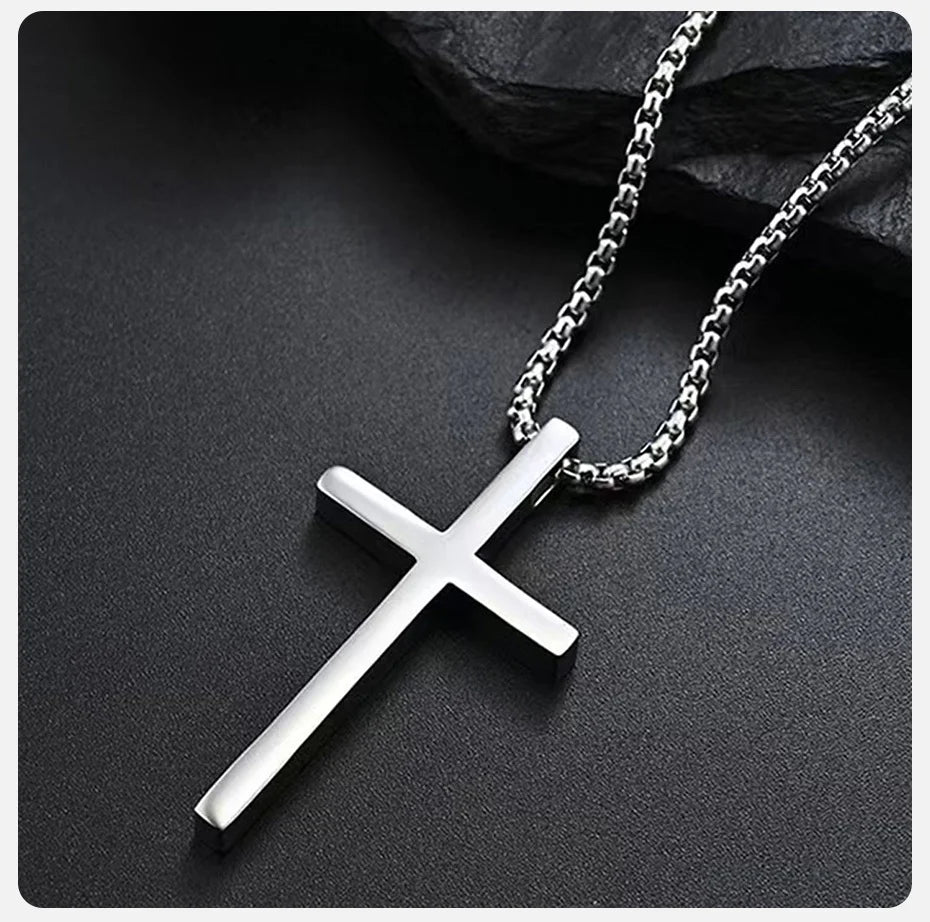 Vnox Cross Necklace for Men Women, Silver Color Plain Alloy Metal Cross Pendant Collar with Stainless Steel Box Chain