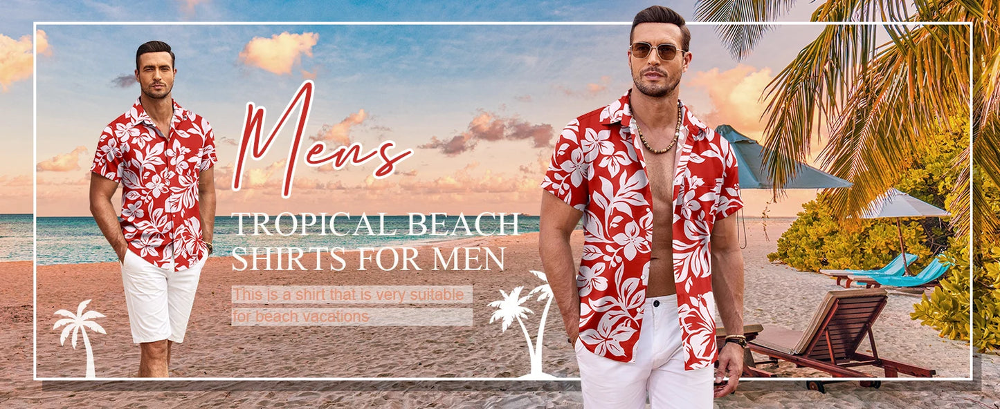 Men's Summer Shirt Vintage Patchwork Printed Button Lapel Short Sleeve Shirt Tropical Vacation T Shirt Fashion Soft Men Clothing