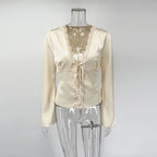 Tornova Elegant Satin Lace T Shirt Women's Long Sleeve Casual V Neck Lace Up Top Fashion Single Breasted Female Commute T Shirt