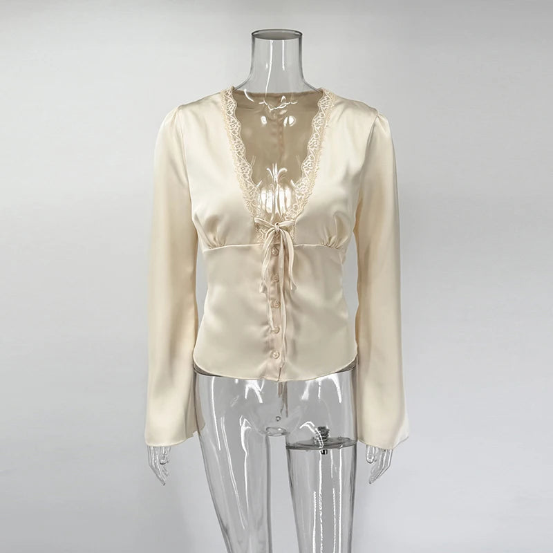 Tornova Elegant Satin Lace T Shirt Women's Long Sleeve Casual V Neck Lace Up Top Fashion Single Breasted Female Commute T Shirt
