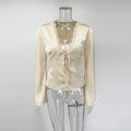 Tornova Elegant Satin Lace T Shirt Women's Long Sleeve Casual V Neck Lace Up Top Fashion Single Breasted Female Commute T Shirt
