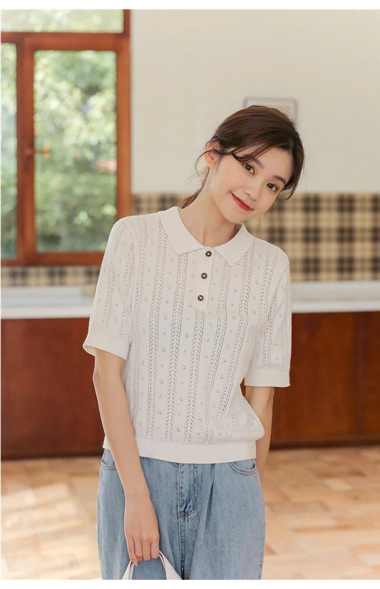 New Summer Fashion 100% Cotton Women Hollow-out Sweater T-shirt Short-sleeve Polo Collar Pullover Tees Korea Casual Knitted Tops