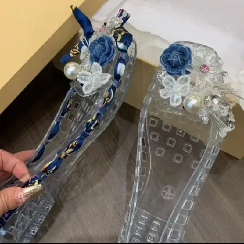 New Style Square-toe Open-toe Sandals with Flat Sole Jelly-style Shoes DlY Shoes Blue Floral Handcraftec Withcrystals and Nettin