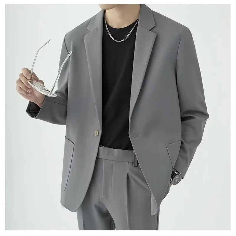 KIDWHXR Men 2-piece Outfit Loose Single-breasted Blazer Male Straight-leg Pant Man Korean Simple Solid Business Casual Suit Set