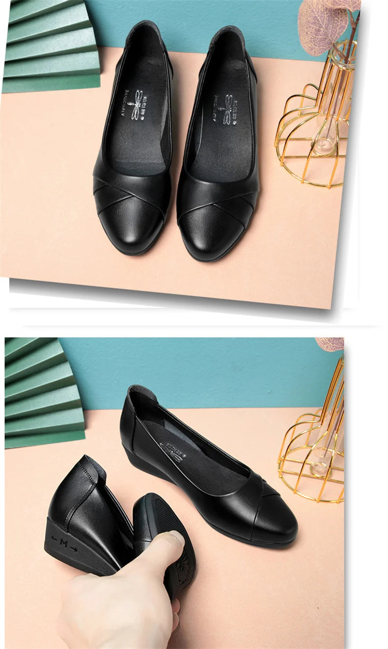 Women Fashion Light Weight Wedge Heel Comfort Spring Autumn Shoes Casual Sweet  Black Leather Soft Bottom Flat Shoes