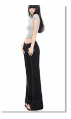 2026 New Ladies American Vintage Washed Micro Flare Denim Pants High Waist Slim Lazy Floor-Length Retro Street Long Jeans