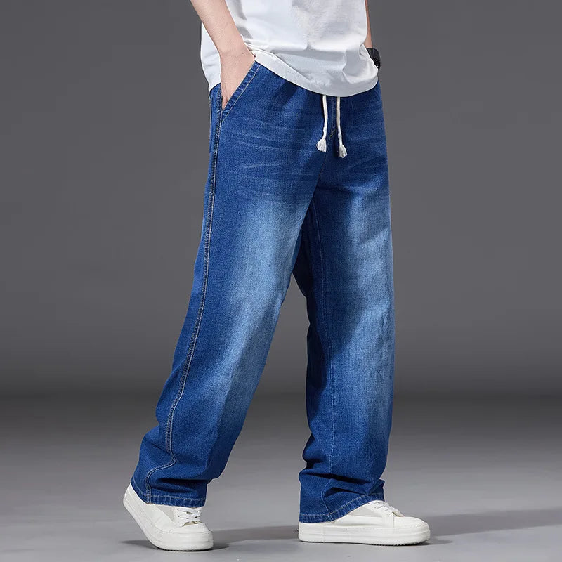 8XL Elastic Waist Men's Jeans, Loose Straight Leg Stretch Denim Pants, Plus Size Casual Streetwear, Big Size Relaxed Fit Trouser