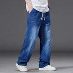 8XL Elastic Waist Men's Jeans, Loose Straight Leg Stretch Denim Pants, Plus Size Casual Streetwear, Big Size Relaxed Fit Trouser