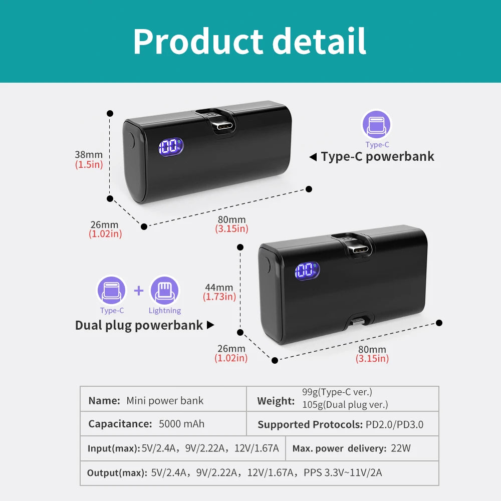 5000mAh Mini Power Bank Portable Fast Charging Type-C Lightning Dual Foldable Plug Charger for IPhone TECNO MI External Battery