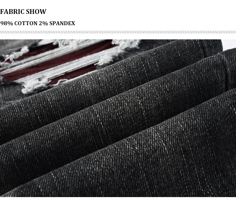 Men's Fashionable Black/Gray Jeans with Pleats Nostalgic Perforations Red Patches Washed Water High Street Style