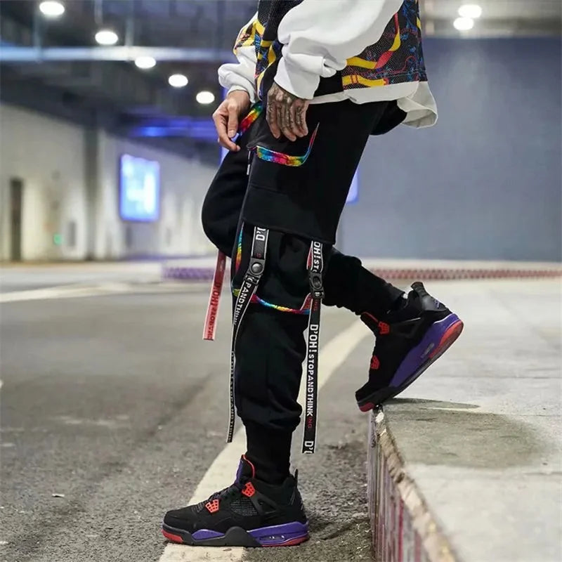 Y2K Joggers Cargo Pants For Men Casual Hip Hop Pocket Male Trousers Sweatpants Street Ribbons Techwear White Pant Pantalon Homme