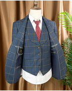 High Quality 3 Piece Checkered Suit Set Dark Blue Stylish Business Office Wedding Formal Outfit Elegant Full Man Dinner Suit