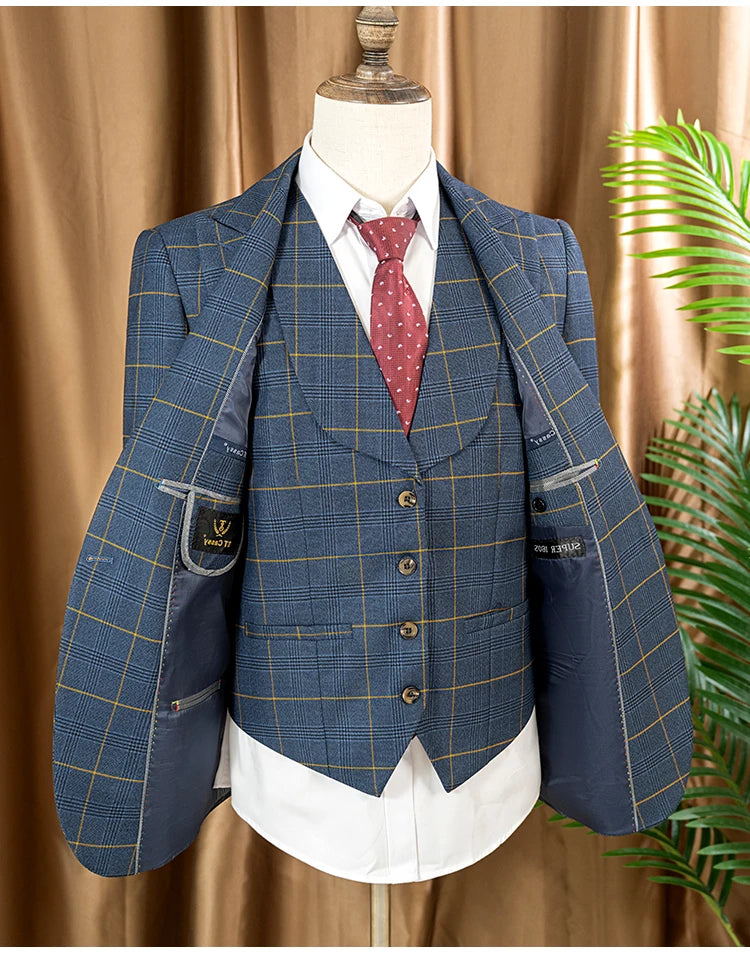 High Quality 3 Piece Checkered Suit Set Dark Blue Stylish Business Office Wedding Formal Outfit Elegant Full Man Dinner Suit
