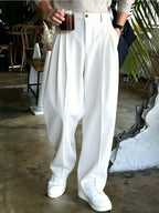 Men Double Pleated Wide Leg Suit Pants Korean Clean Fit Draped Slacks Loose Baggy Trousers Business Office Casual Streetwear  Pa