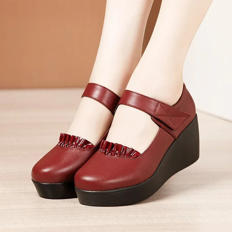 6cm Small Size 32-43 Comfortable Med Heels Pumps Soft Leather Mary Janes 2026 Women's Platform Wedges Shoes for Office Mom Dance
