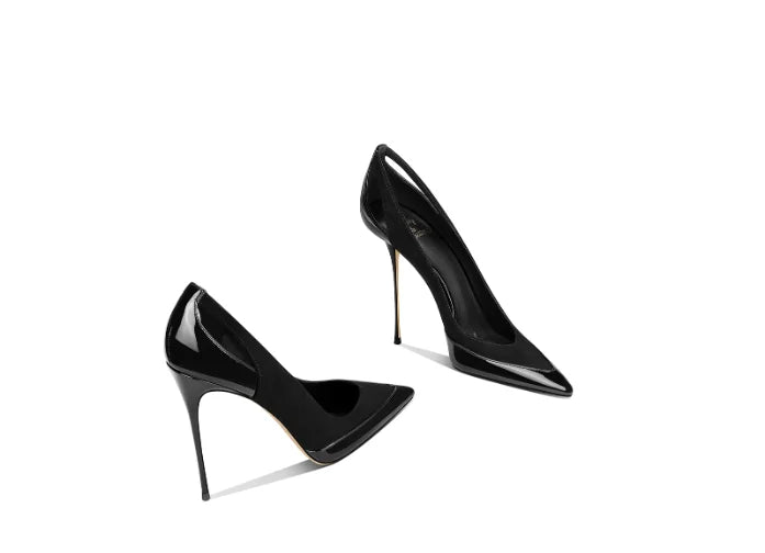 French style gray patent leather patchwork design with a sense of autumn new style pointed toe slim heel high heels for women