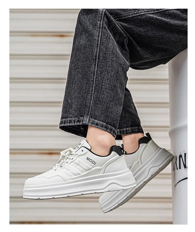 2026 Summer Men's White Platform Sneakers Leather Casual Shoes Thick Sole Streetwear Trendy Footwear