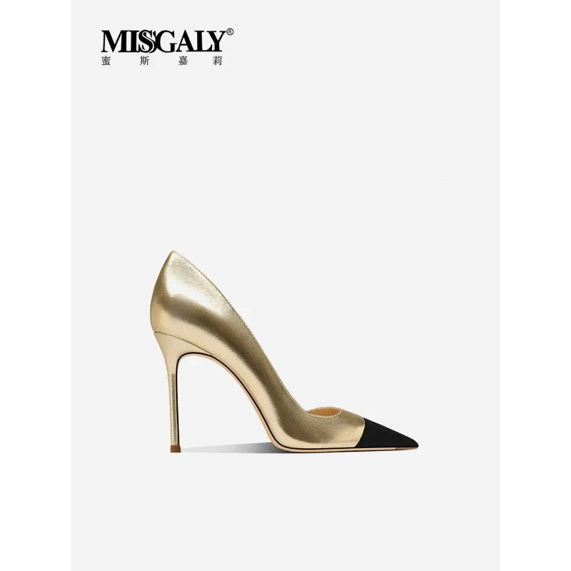 Golden high heels for women, new style, with pointed, slender heels,small fragrant style,color blocking, sexy banquet high heels
