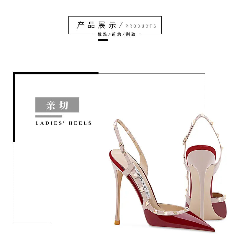 New Sexy Wine Red European and American High Heels for Women Slim Heels Pointed Toes, Shallow Mouth, Riveted Single Shoe Sandals