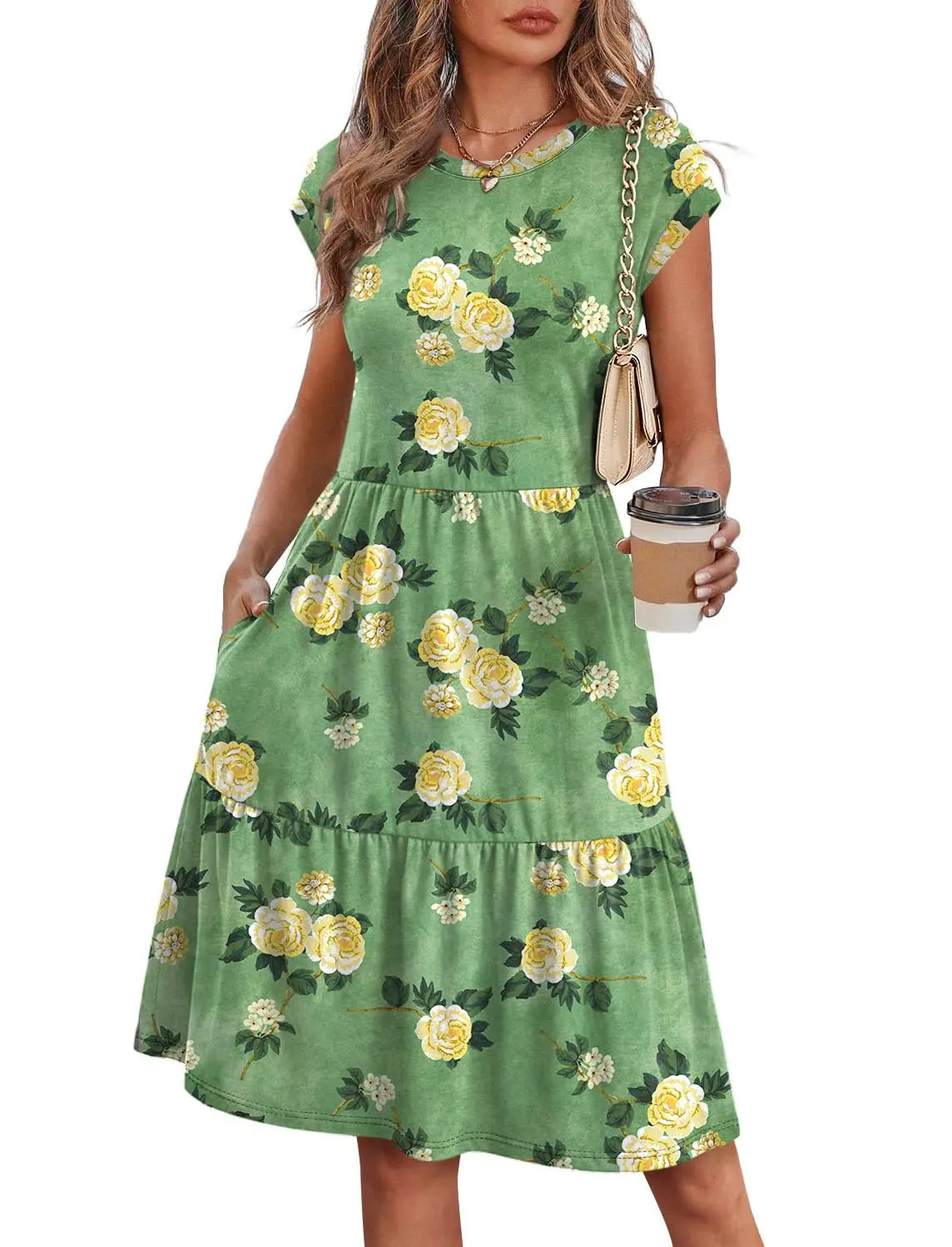 Women Cap Sleeve Casual Tiered Swing Dress Floral Print Summer Beach Vacation Dress