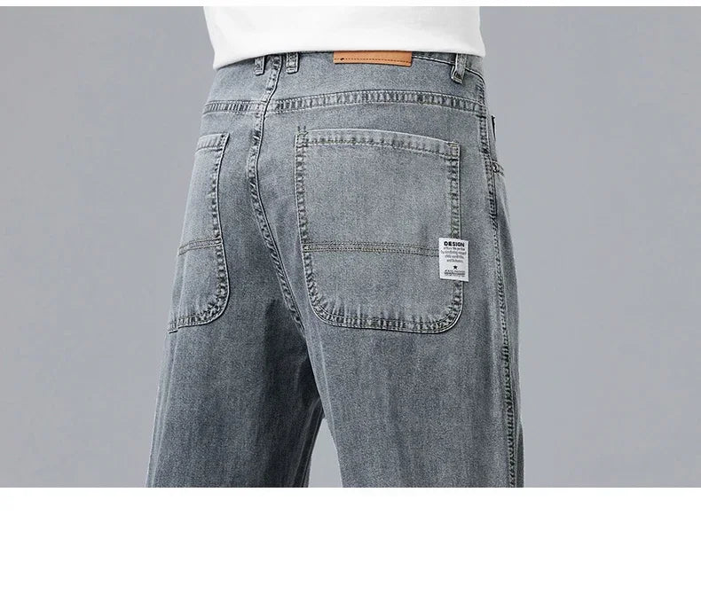 2026 New Summer Ultra-thin Lyocell Men's Jeans Drape Soft Fabric Loose Straight Casual Denim Pant Elastic Ice Silk Male Trousers