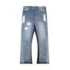 American retro washed letter spliced denim trousers high street trendy brand couple loose straight micro-flared long trousers