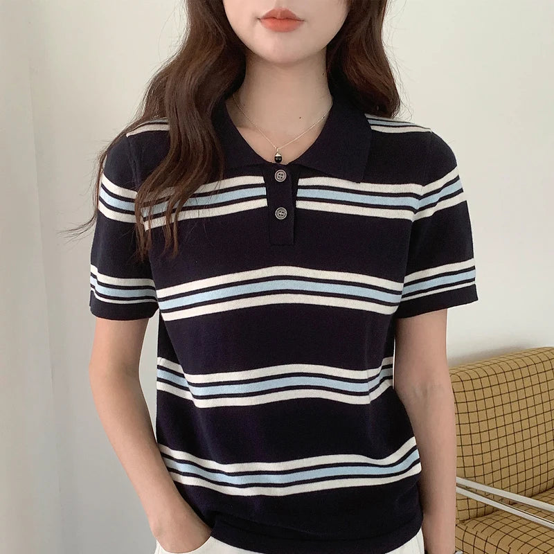 WinvyNee Summer Top Women's 100% Cotton Striped Polo T Shirt Women's Clothing Short Sleeve Casual Oversized Pullover A1522077