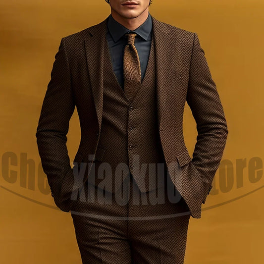 Fashion Herringbone Men's Suit 3 Piece Vintage Style Single Breasted Blazer Vest Pants Formal Smart Casual Wedding Party Outfit