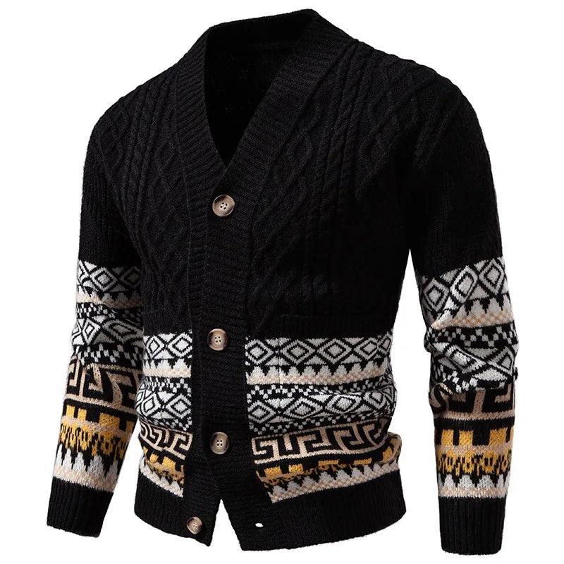 Men's Cable Knit Fair Isle Geometric Striped Cardigan V Neck Button Front Pocket Long Sleeve Sweater Autumn Winter Casual